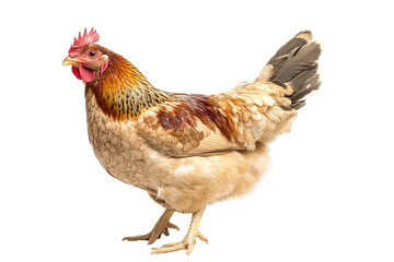 Brown hen, isolated on transparent PNG, detailed feathers, studio shot, farm animal.