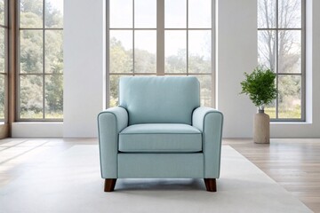 Fototapeta premium Comfortable Light Blue Armchair in Stylish Modern Interior with Minimal Elegant Decor.