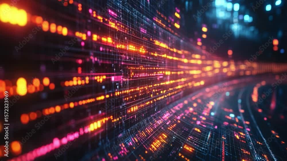 Poster digital flow: a vibrant stream of data courses through a complex, dynamic network. illuminated data 