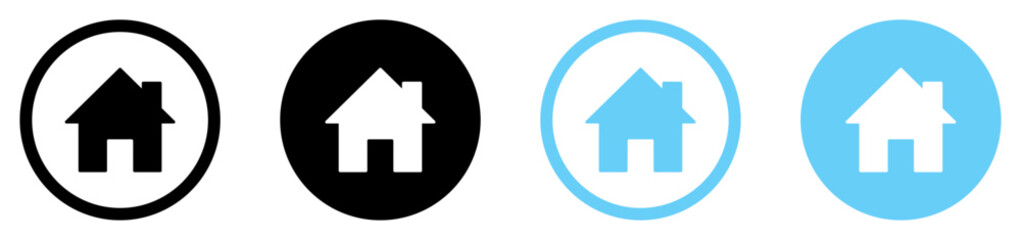 Set of modern home icons in black and blue circular styles. Ideal for website menus, mobile apps, UI, UX interfaces, and real estate branding. Isolated vector symbols.