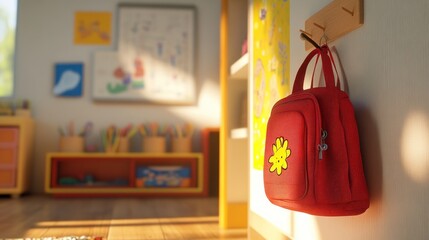 Red backpack hangs on wall in a bright, child-friendly room