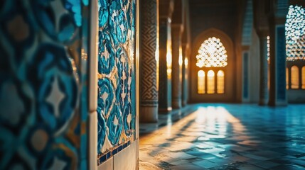 Mosque interior, tiled walls, sunlit arches