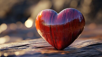 Red heart on wood,  glossy texture