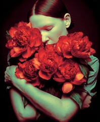 A woman with slick hair hugs a large bouquet of red peonies, eyes closed in emotional expression. Dramatic lighting and vivid contrast create an intense, artistic, and surreal atmosphere.