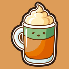 Cute Cartoon Pumpkin Spice Latte with Whipped Cream Illustration on a Brown Background cartoon illustration