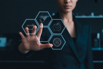 Woman touching futuristic interface with health icons hand