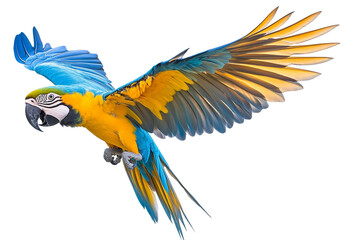 Fototapeta premium Blue-and-gold Macaw in flight, isolated on transparent PNG, vibrant, detailed.