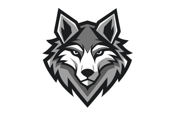 Obraz premium A fierce wolf head emblem showcases sharp details in shades of black, gray, and white