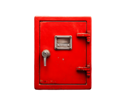 Bright red metal safe door with lock and small window, isolated on a solid transparent background providing a security concept.