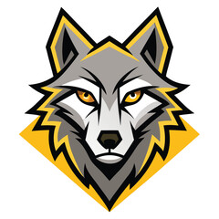 Fierce gray wolf head displays captivating yellow eyes on a diamondshaped yellow background