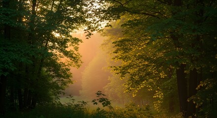 Obraz premium Enchanting Forest Path with Golden Sunrise Light and Green Trees