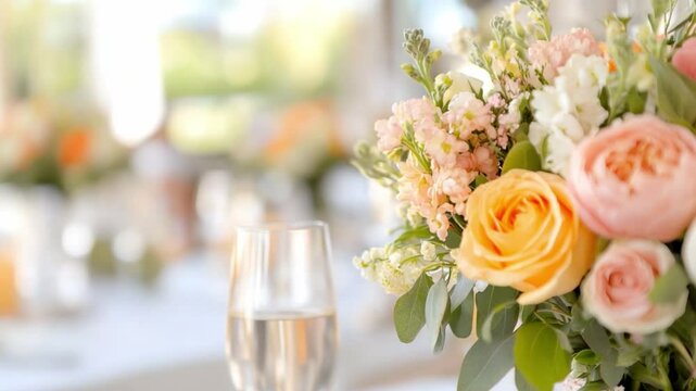 Festive Floral Arrangement: A captivating close-up of a radiant floral arrangement, featuring roses and other blossoms, complements a champagne flute.