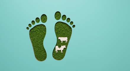 Green footprints two cows silhouettes turquoise background environmental sustainability. Ecological farming carbon footprint livestock agriculture. Climate change awareness concept