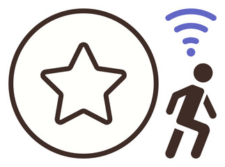 Star inside a circle, walking figure next to a wireless signal. Ideal for performance recognition, connectivity, exploration, networking, wireless technology, mobility internet access. Simple flat