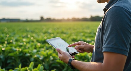 Male farmer holding tablet field green crops blue shirt. Agricultural worker using technology rural countryside. Digital farming concept