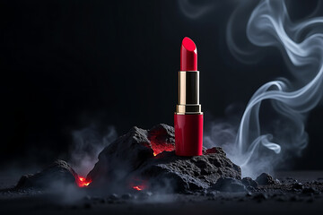 Vibrant Red Lipstick on Rocky Terrain with Ethereal Smoke A Bold Statement in Beauty and Cosmetic Product Photography