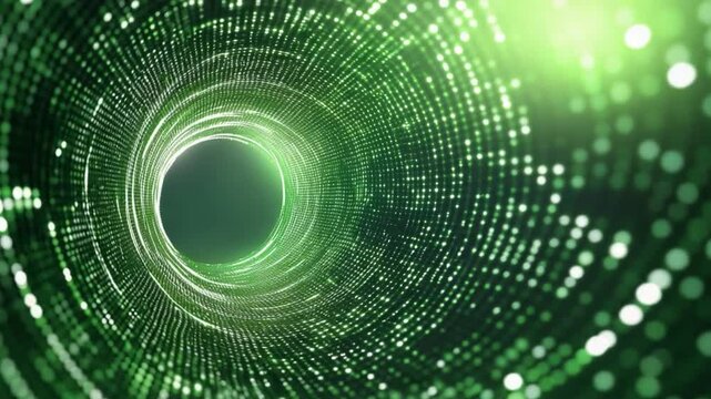 Digital Vortex: A dynamic, futuristic representation of a digital vortex, visualized through a swirling tunnel of binary code in shades of green and white, creating a sense of depth and energy.