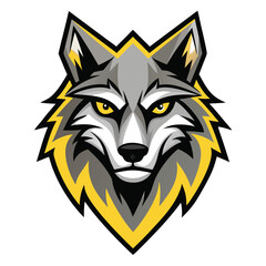 Fierce gray wolf stares intensely, with yellow eyes and distinctive fur markings