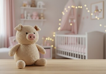 Child's pig toy foreground, with a magical nursery background of lights and crib.

