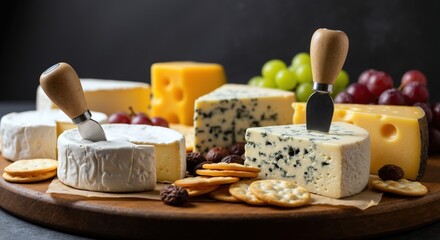 Cheese board variety crackers grapes wooden platter dark background. Artisan dairy selection gourmet delicatessen. Culinary gastronomy concept