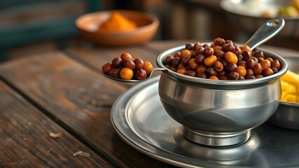 A spoonful of beans served in a metal bowl on a wooden table