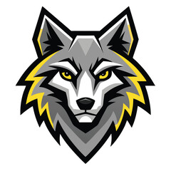 Fierce gray wolf's head features sharp geometric shapes and bright yellow eyes