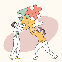 Fototapeta premium Teamwork and Collaboration: Two figures diligently join four puzzle pieces together. A dynamic illustration of working together to form a complete, cohesive whole.