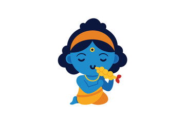 Fototapeta premium Child Krishna blowing conch shell sacred sound divine vector art illustration