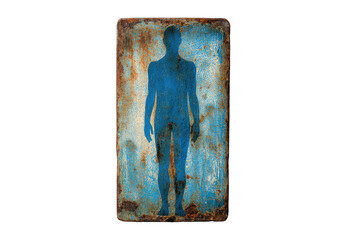 A faded blue silhouette of a human figure on a rusted, rectangular metal plate