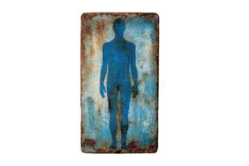 A faded blue silhouette of a human figure on a rusted, rectangular metal plate
