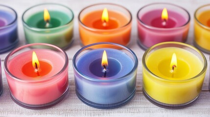 Colorful Lit Candles in a Serene Setting with a Rainbow of Hues