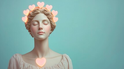 Ethereal Statue with Glowing Hearts for a Dreamy and Romantic Aesthetic Theme