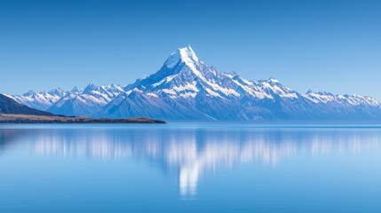 Serene Mountain Range Reflected in Crystal Clear Water Under Bright Blue Sky