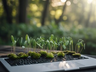 Young green sprouts growing from moss on a laptop keyboard in a forest setting nature