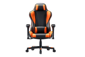 Black and orange ergonomic gaming chair with adjustable armrests and headrest, on a five-star base with caster wheels