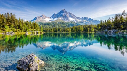 Serene Mountain Range Reflected in Crystal Clear Water Under Bright Blue Sky