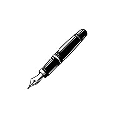 A sleek, monochrome illustration of a classic fountain pen, angled diagonally, showcasing its elegant design and pointed nib