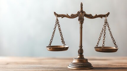 Antique Brass Scales of Justice Placed on a Wooden Table Against a Soft Background