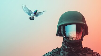 Soldier with Reflective Helmet and Bird Against Artistic Background