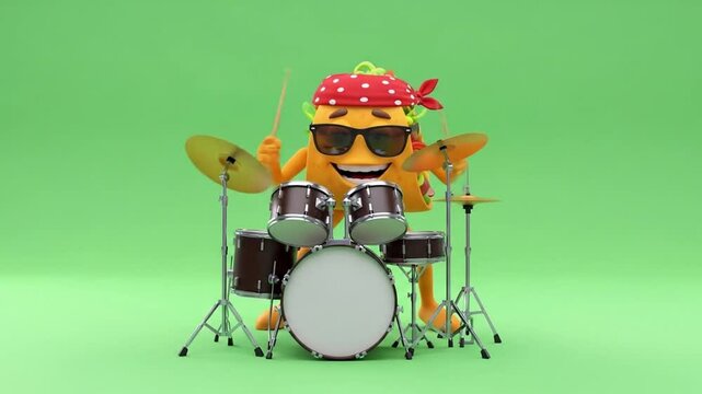 Food character plays drums on green background