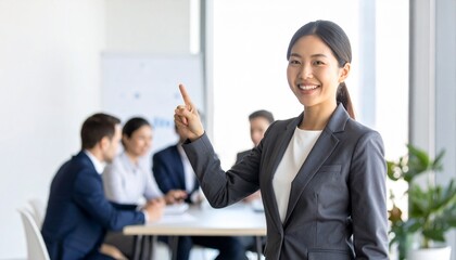 会議風景の前で指差しポーズをしている笑顔の女性会社員をイメージ。