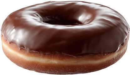A single, glazed chocolate donut with a rich, dark brown, glossy icing.  The donut's pale, slightly browned base is visible around the edges