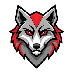 Focused gray wolf head shows red eyes, accents, and fierce gaze on white