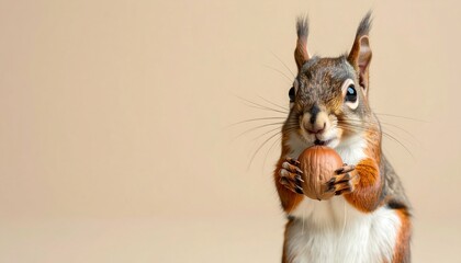 A kawaii squirrel eating nut in right corner of a soft earth green clean background.