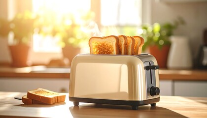 Golden toaster with toasted bread, sunlight