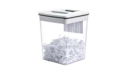 White plastic paper shredder bin with shredded paper isolated on transparent background