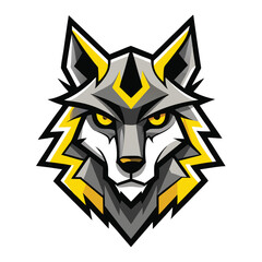 Fototapeta premium An abstract wolf head stares intensely with yellow eyes on a white backdrop