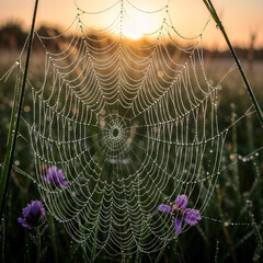 dew-covered spiderweb at sunrise, with individual water droplets clearly visible