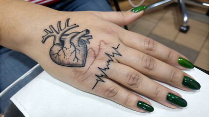 hand of a woman painting a wall, Heartbeat Style Hand Tattoo with Green Nail Art – Love Ink Inspiration, hand holding a green leaf