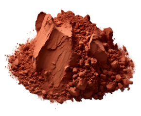 A heap of vibrant red earth pigment showcases a rich, natural texture, isolated against a stark transparent background, revealing earthy tones.
